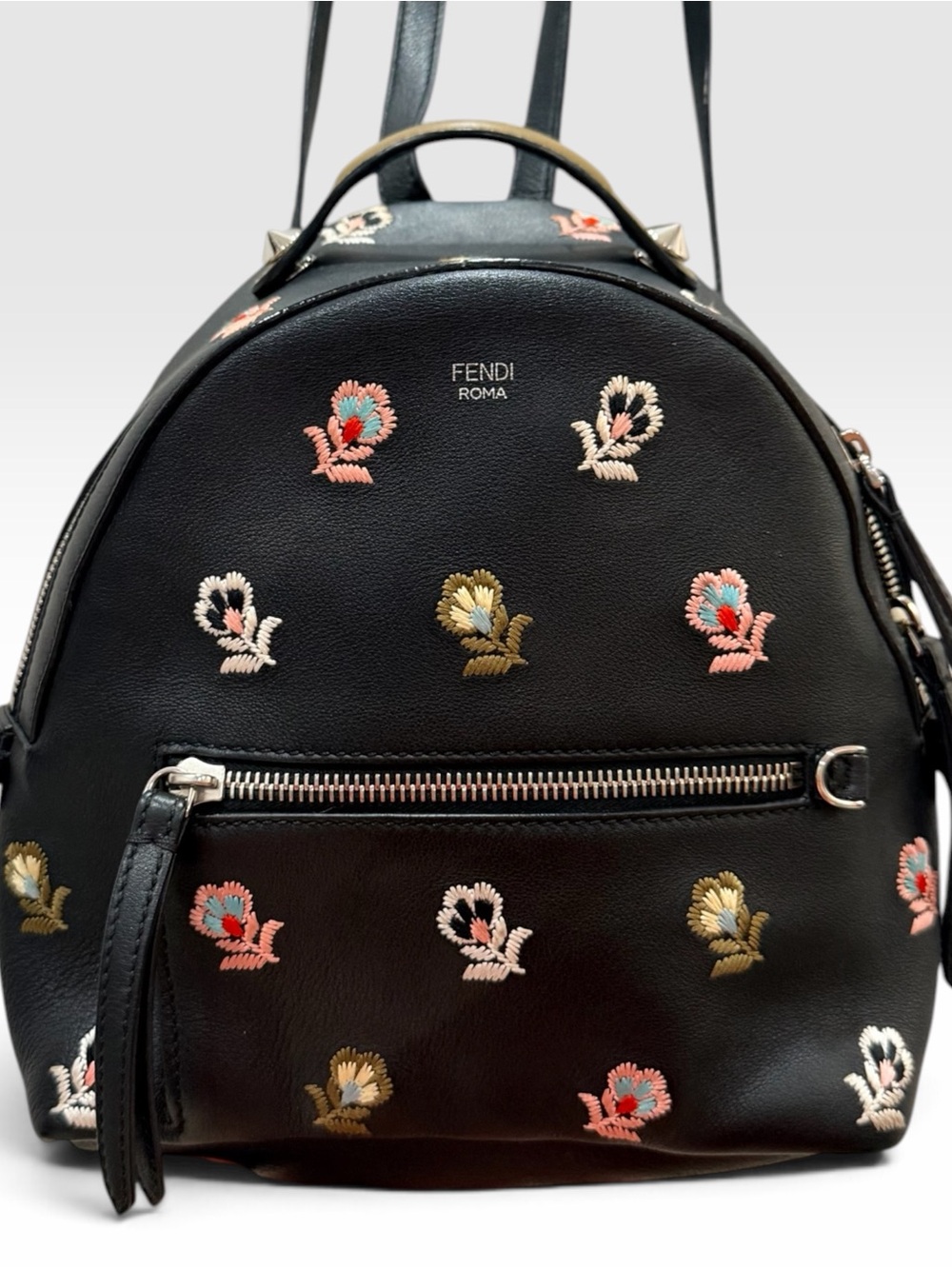 Fendi Black Leather Mini Backpack with Multicolor Floral Embroidery + Dust Bag